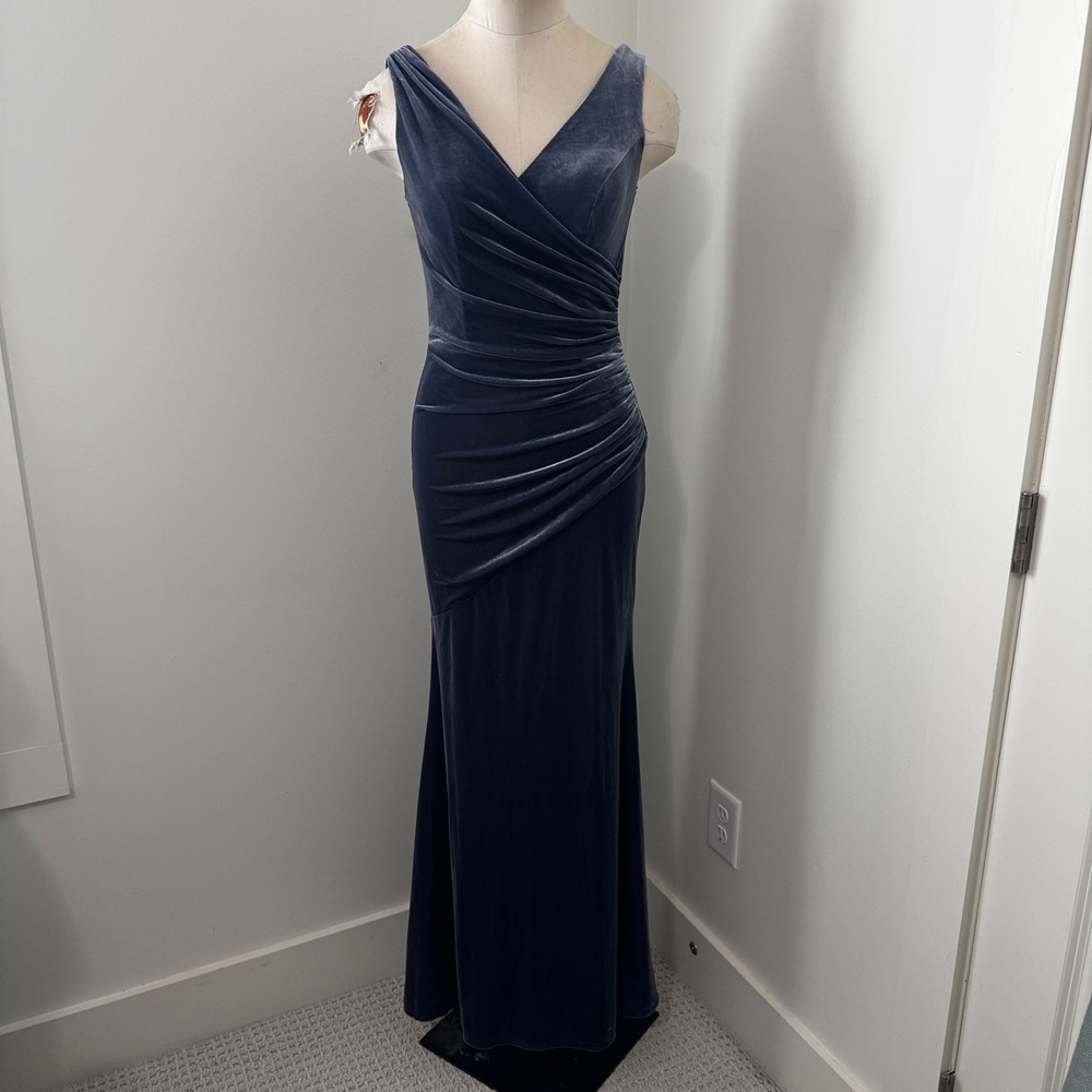 Revelry 6 Dawson Blue Velvet Gathered Full Length Formal Evening Dress Gown